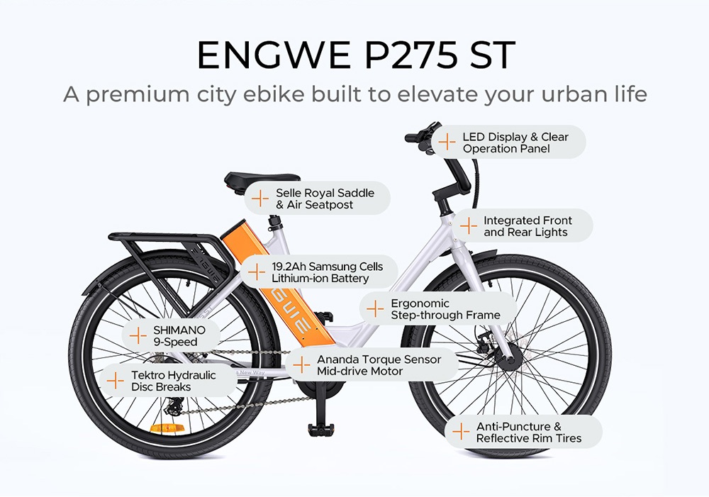 ENGWE P275 ST 250W Mid-Motor Commuter Electric Bike, 260km Max Range, 19.2Ah Samsung cell - Dark
